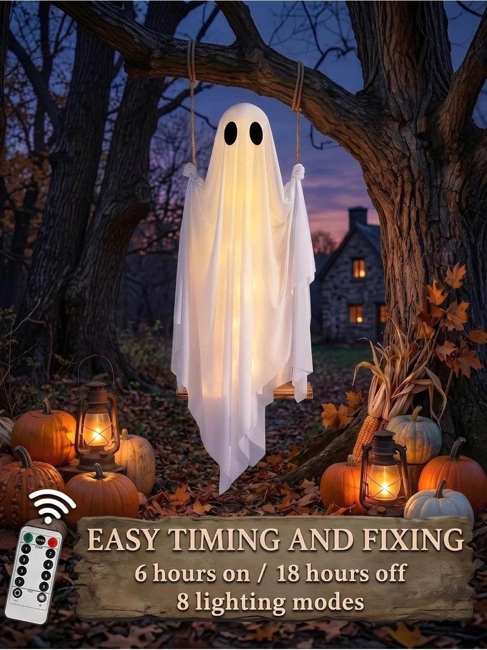 5 ft Tall LED White Ghost Outdoor Decor with Witch Hat - Illuminated Halloween